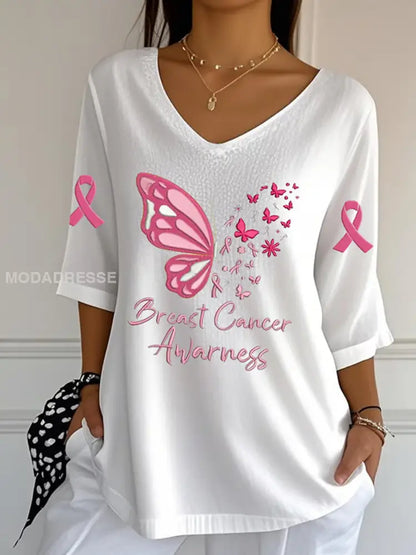 Kvinnors bröstcancer Ribbon Print bomull Topp A / S