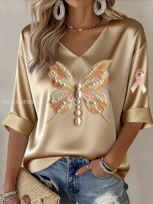 Kvinnors bröstcancer Ribbon Print bomull Topp A / S