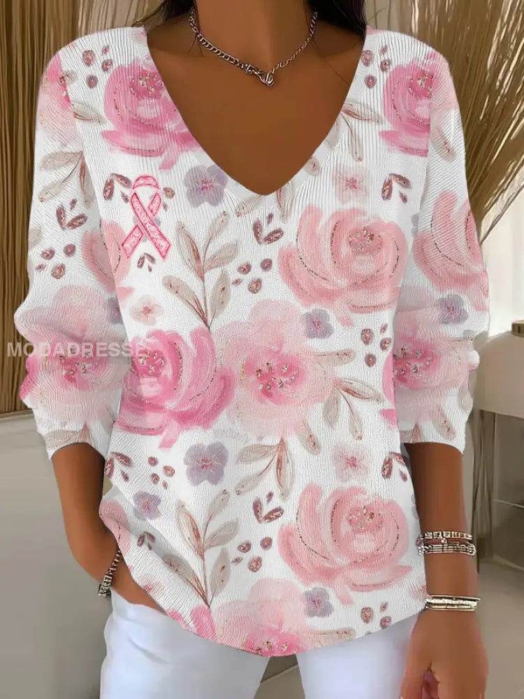 Kvinnors bröstcancer rosa tryckta Casual Topp som bild / S