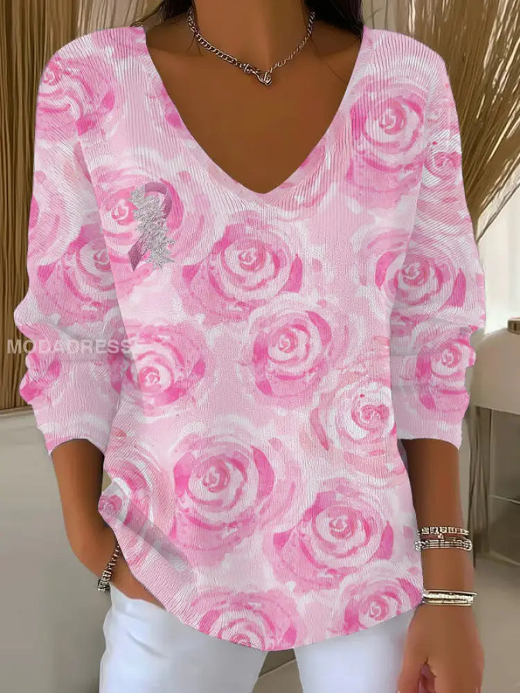 Kvinnors bröstcancer rosa tryckta Casual Topp som bild / S