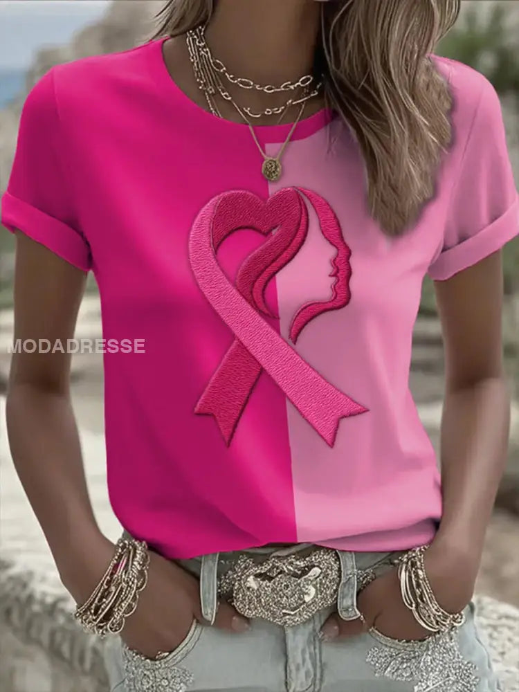 Kvinnors Casual Bröstcancer Kärlek Ribbon Kontrast Färg kortärmad T shirt som bild / S