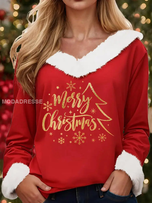 Kvinnors Casual Christmas Pälskrage Topp röd / S