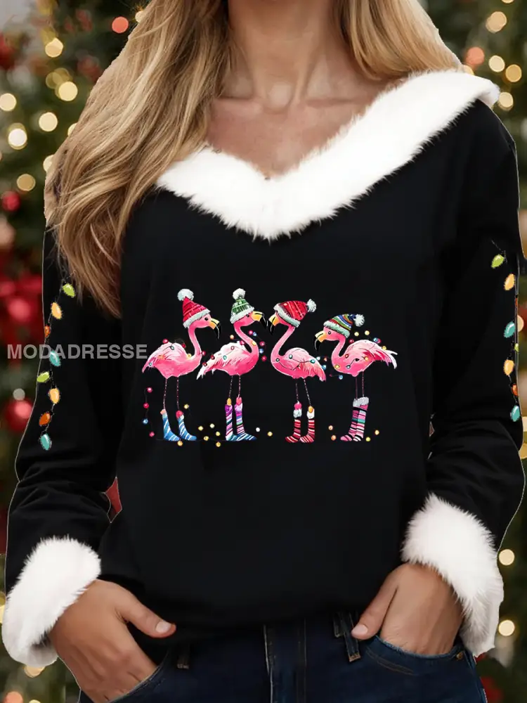 Kvinnors Casual Christmas Pälskrage Topp svart / S