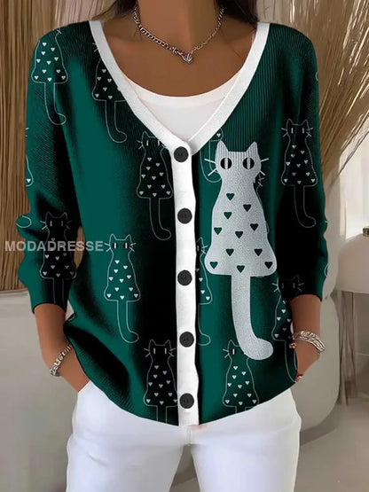 Kvinnors CAT Bröstcancer medvetenhet Skriv ut Knäppta V hals Cardigan SweaterNater grönt / S