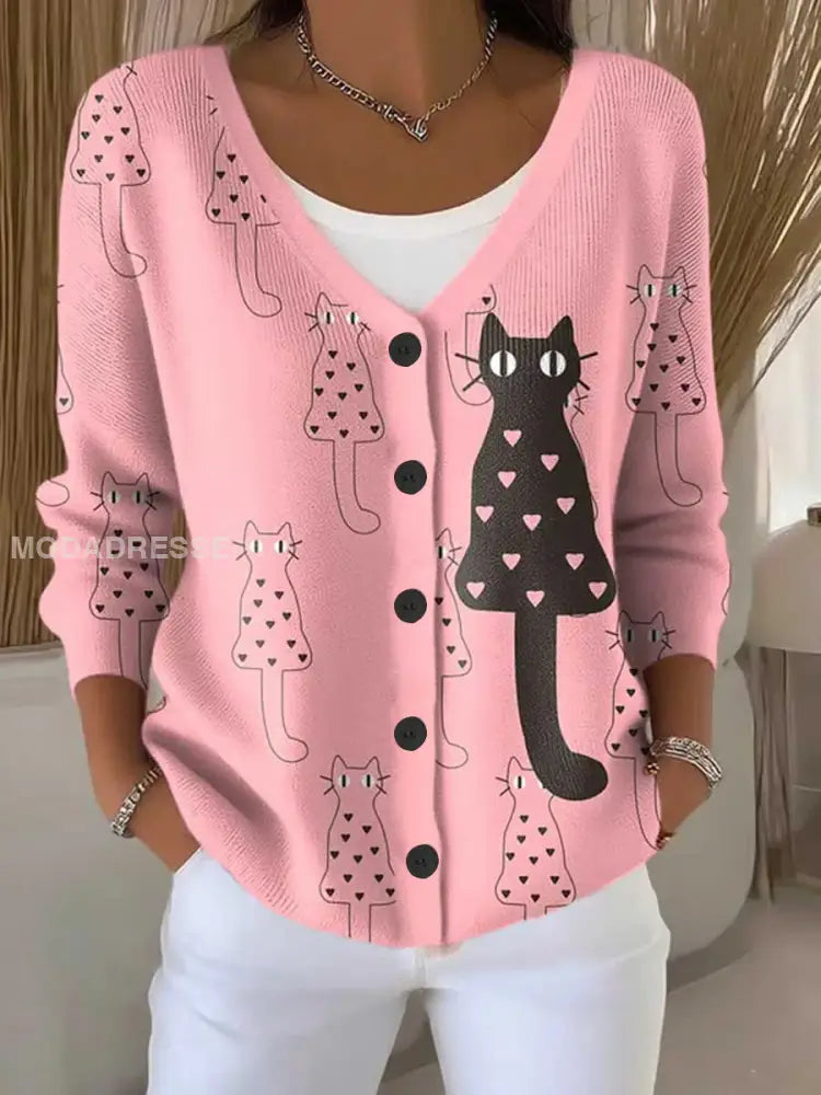 Kvinnors CAT Bröstcancer medvetenhet Skriv ut Knäppta V hals Cardigan SweaterNater runt / S