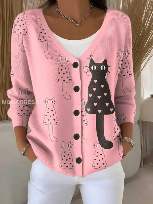 Kvinnors CAT Bröstcancer medvetenhet Skriv ut Knäppta V hals Cardigan SweaterNater runt / S