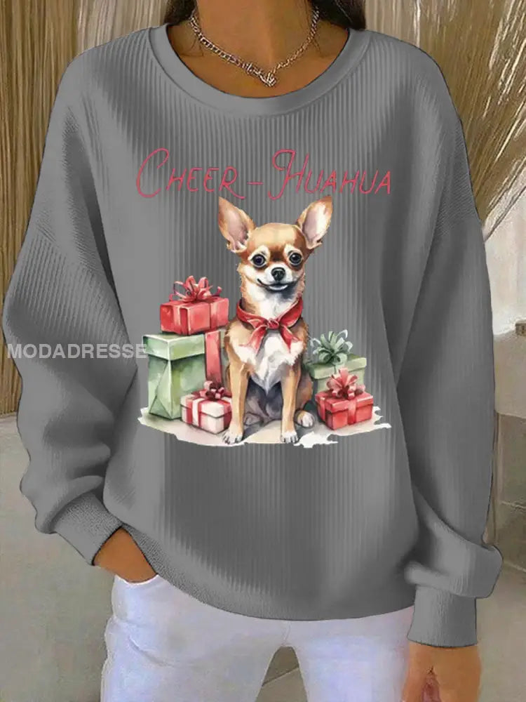 Kvinnors cheer Huahua jul Chihuahua Ribbed runda hals sweatshirt grå / S
