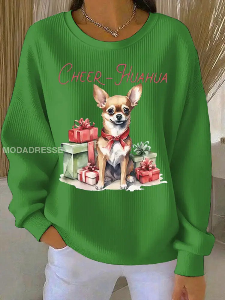 Kvinnors cheer Huahua jul Chihuahua Ribbed runda hals sweatshirt grön / S