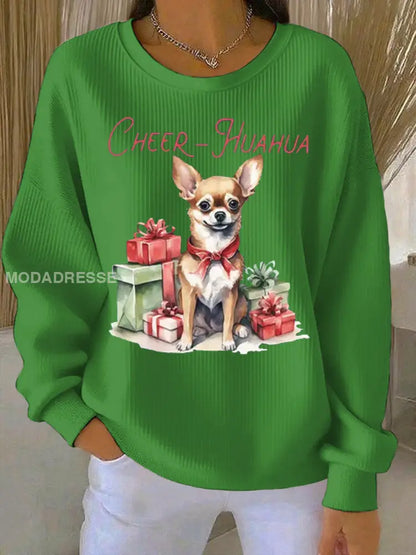Kvinnors cheer Huahua jul Chihuahua Ribbed runda hals sweatshirt grön / S