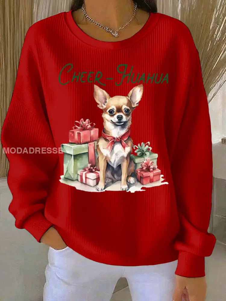Kvinnors cheer Huahua jul Chihuahua Ribbed runda hals sweatshirt röd / S