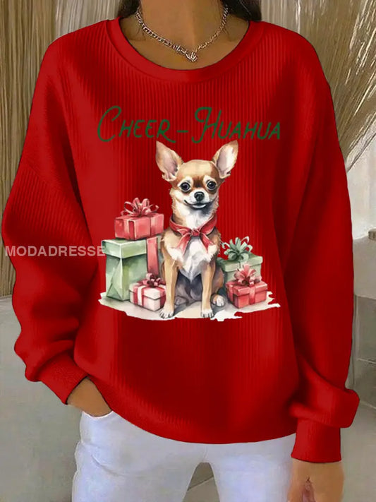 Kvinnors cheer Huahua jul Chihuahua Ribbed runda hals sweatshirt röd / S