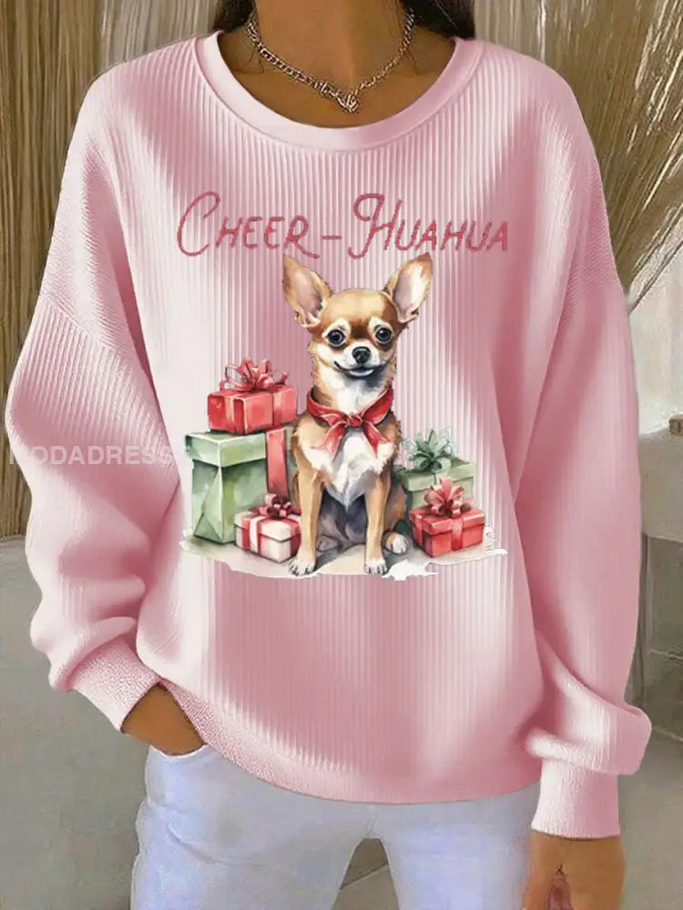 Kvinnors cheer Huahua jul Chihuahua Ribbed runda hals sweatshirt runt / S