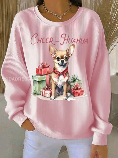 Kvinnors cheer Huahua jul Chihuahua Ribbed runda hals sweatshirt runt / S