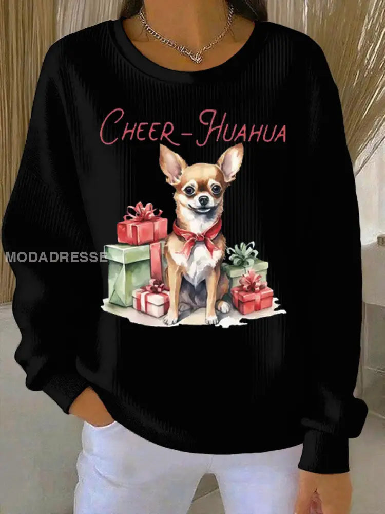Kvinnors cheer Huahua jul Chihuahua Ribbed runda hals sweatshirt svart / S