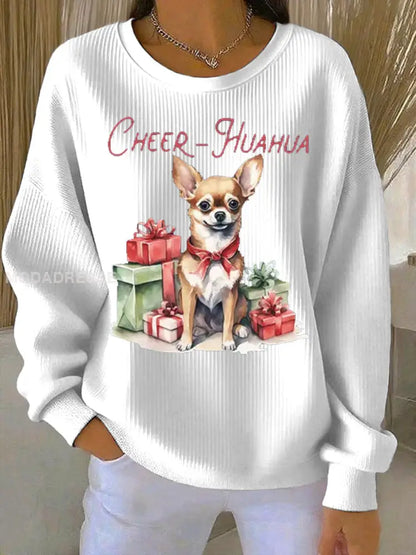 Kvinnors cheer Huahua jul Chihuahua Ribbed runda hals sweatshirt vit / S