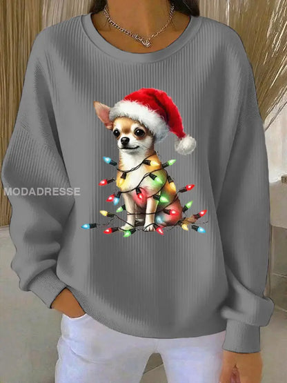 Kvinnors chihuahua jul Ribbed rund hals sweathirt grå / S