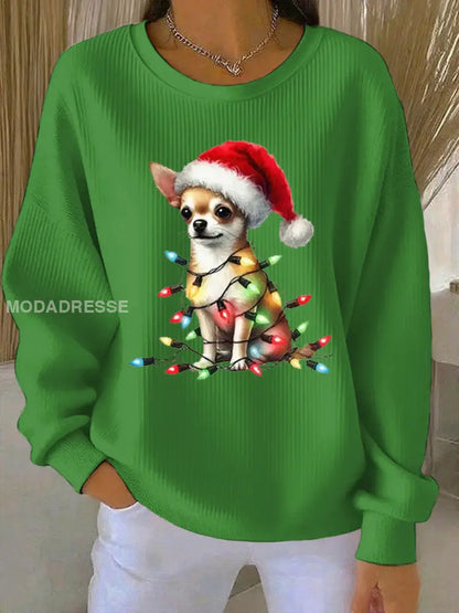 Kvinnors chihuahua jul Ribbed rund hals sweathirt grön / S