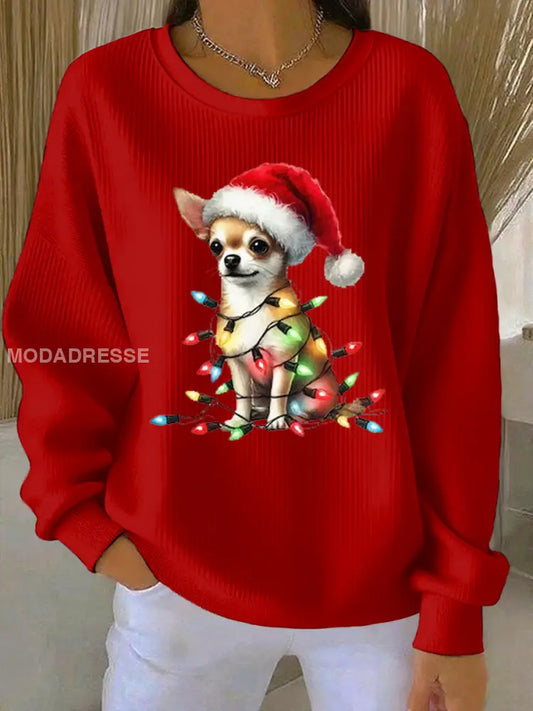 Kvinnors chihuahua jul Ribbed rund hals sweathirt röd / S