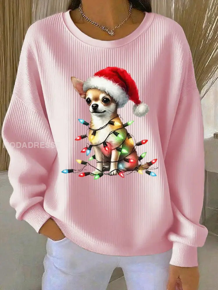 Kvinnors chihuahua jul Ribbed rund hals sweathirt runt / S