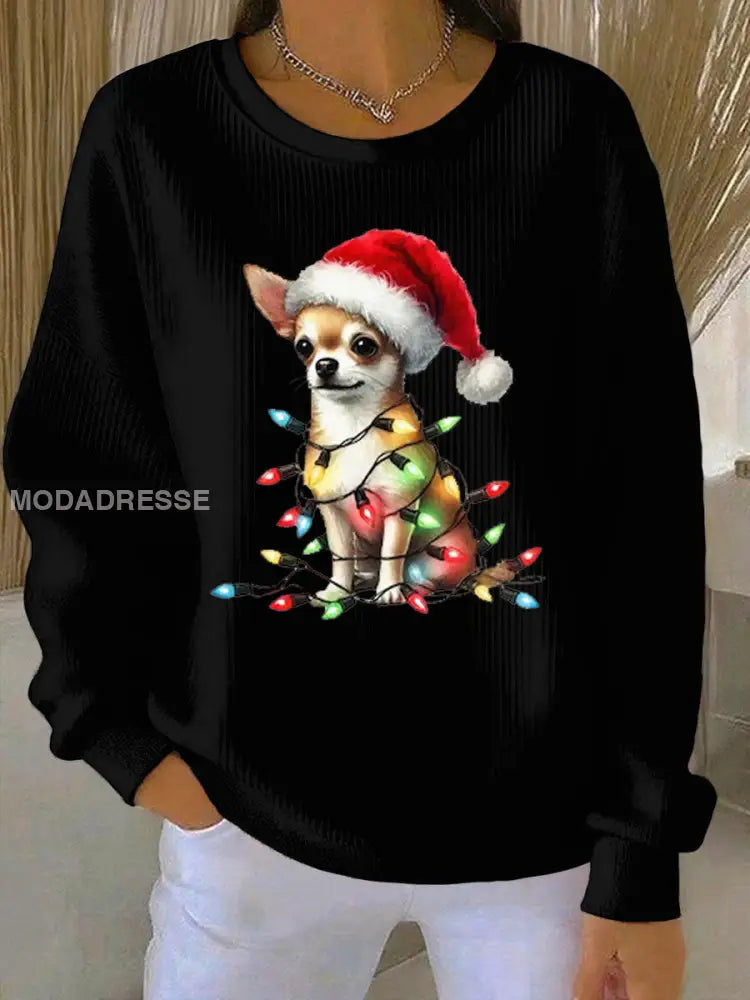 Kvinnors chihuahua jul Ribbed rund hals sweathirt svart / S