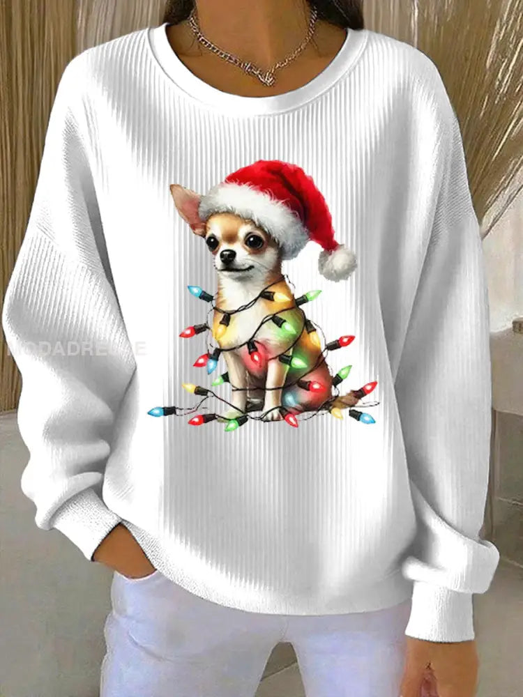 Kvinnors chihuahua jul Ribbed rund hals sweathirt vit / S