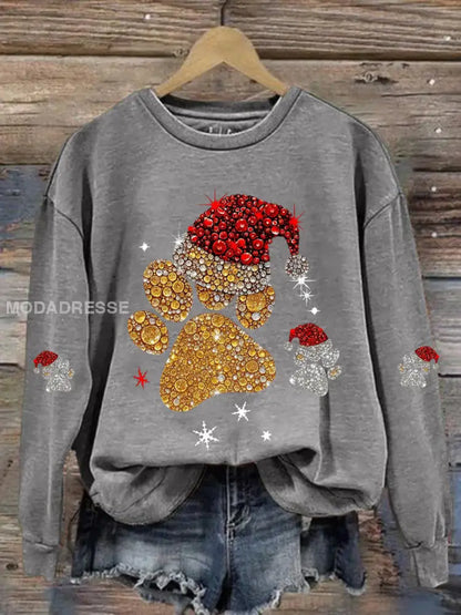 Kvinnors Christmas Paw Print Casual Sweatshirt ljusgrå. / S