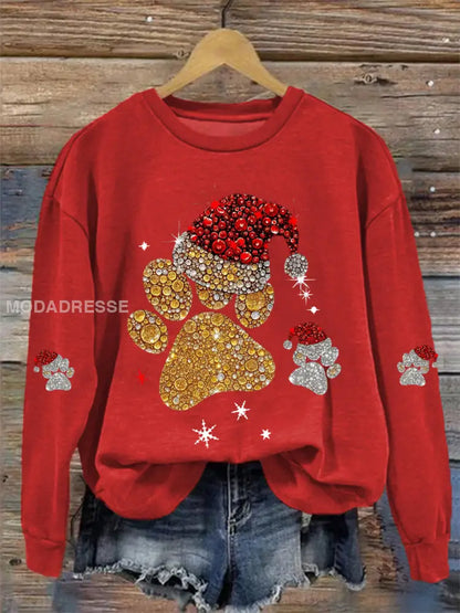 Kvinnors Christmas Paw Print Casual Sweatshirt röd / S