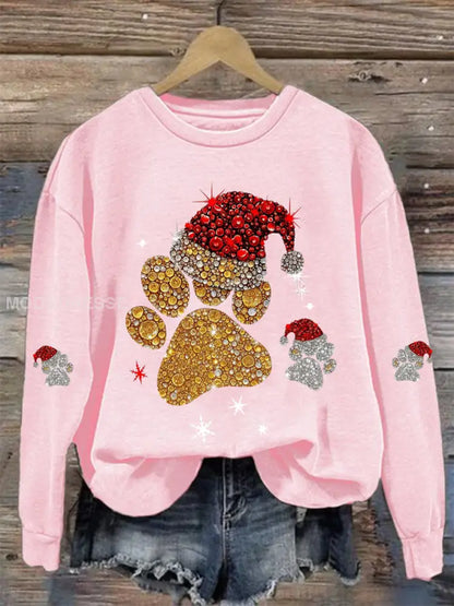 Kvinnors Christmas Paw Print Casual Sweatshirt runt / S