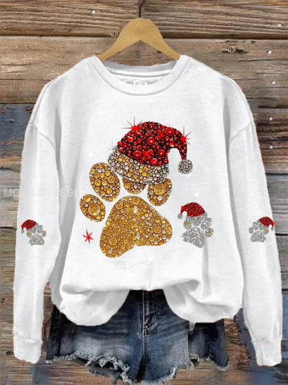 Kvinnors Christmas Paw Print Casual Sweatshirt vit / S