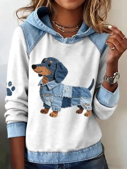 Kvinnors Dachhundd Mönster Denim Patchwork konst Hoodie vitt / S