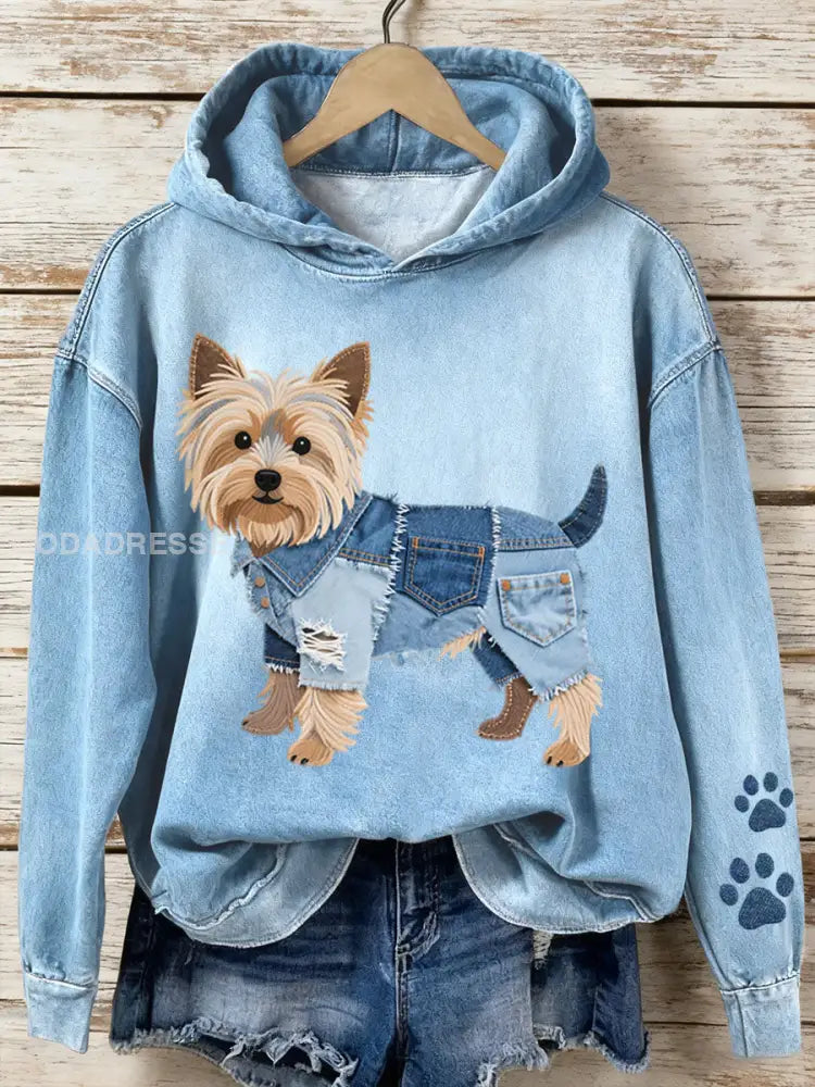 Kvinnors Denim Patchwork Art Yorkshire Terrier Hund mönster Hoodie. blå / S