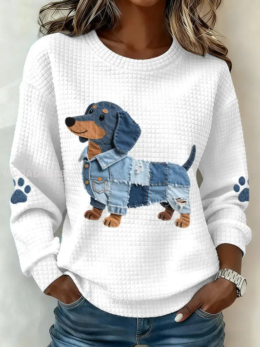 Kvinnors Denim Patchwork Dachhund Hung mönster Våffle Sweatshirt vitt / S