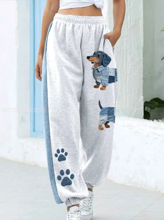 Kvinnors Denim Patchwork konst Dachhund mönster byxor som bild / S
