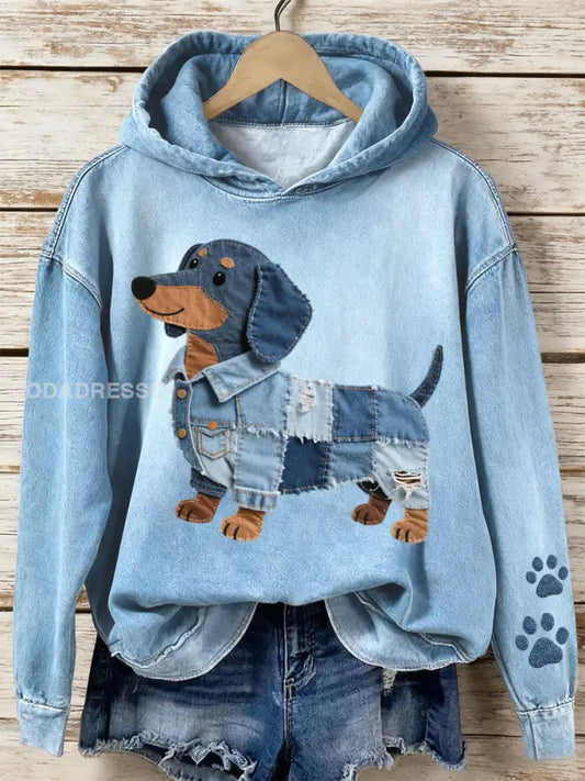 Kvinnors Denim Patchwork Konst Dachhund Mönster Hoodie Konsta blå / S