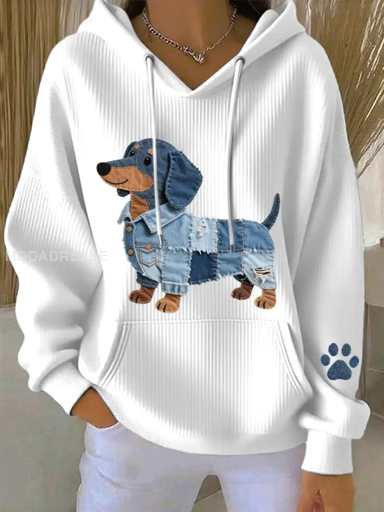 Kvinnors Denim Patchwork Konst Dachhund Mönster Hoodie Konsta vitt / S