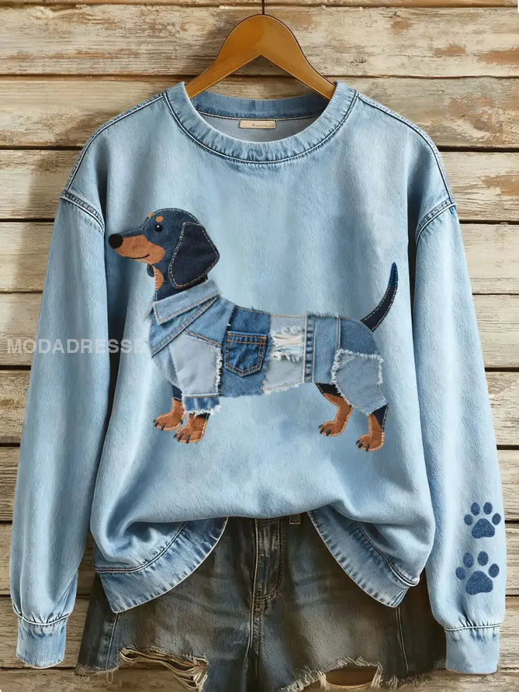Kvinnors Denim Patchwork konst Dachhund Mönster Sweatshirt blå / S