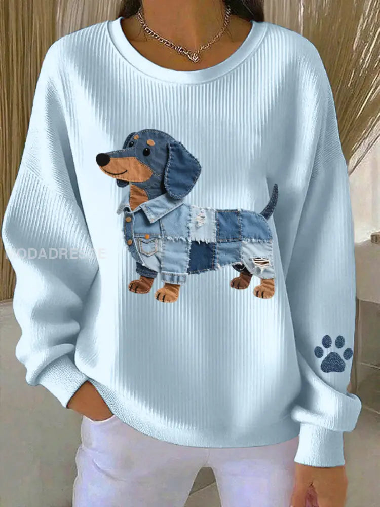 Kvinnors Denim Patchwork konst Dachhund Mönster Sweatshirt ljusblå färg / S