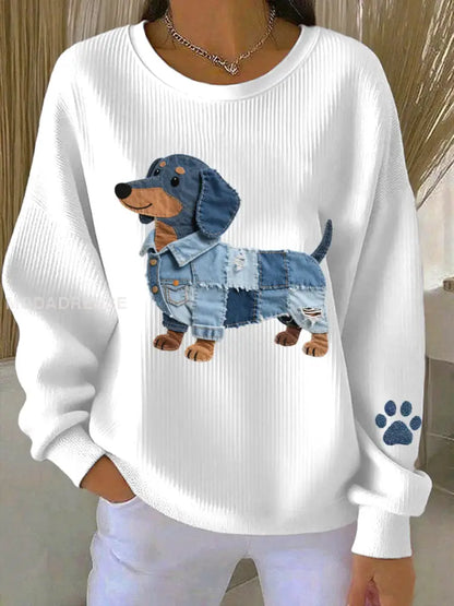 Kvinnors Denim Patchwork konst Dachhund Mönster Sweatshirt vit / S