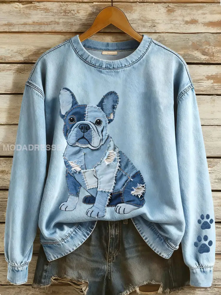 Kvinnors Denim Patchwork konst Franska Bulldog mönster Sweatshirt blå / S