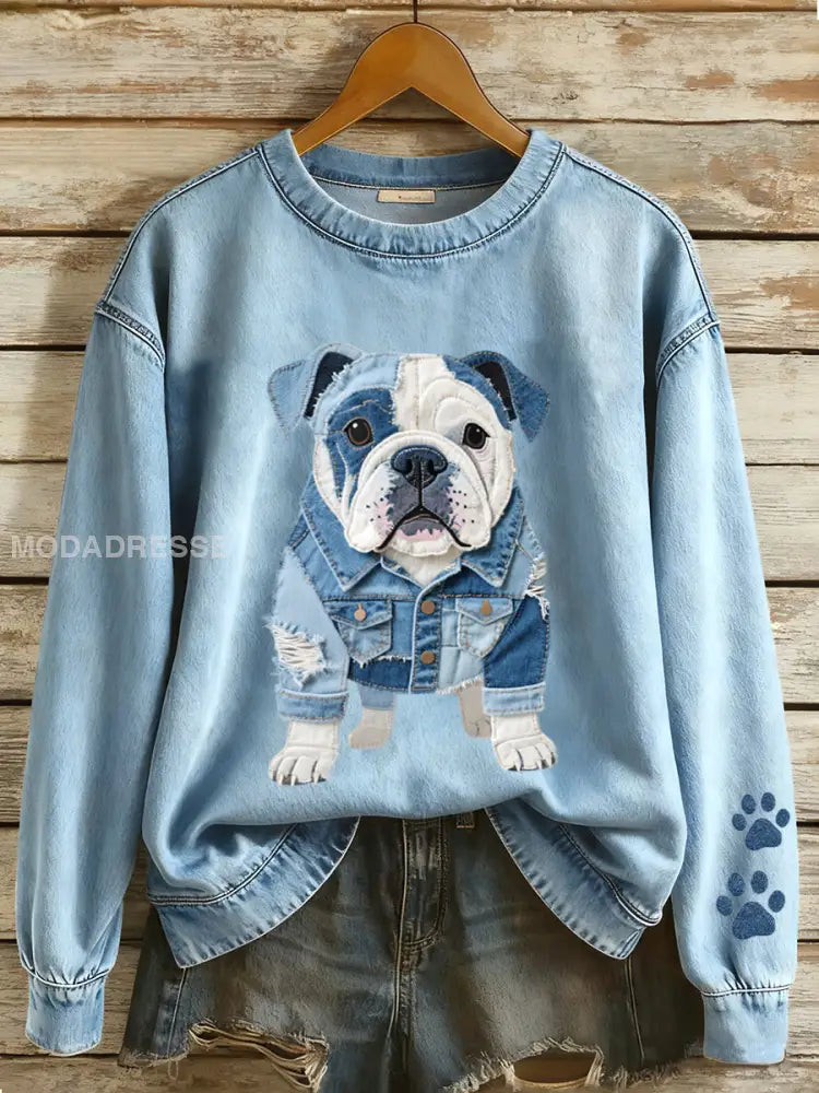 Kvinnors Denim Patchwork konst Franska Bulldog mönster Sweatshirt blå / S