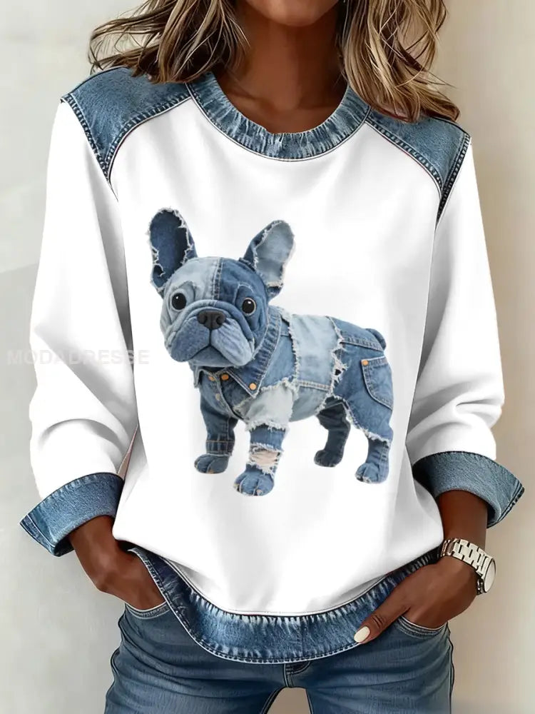 Kvinnors Denim Patchwork konst Franska Bulldog mönster Sweatshirt vitt / S
