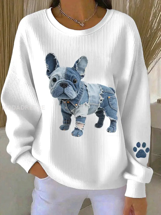 Kvinnors Denim Patchwork konst Franska Bulldog mönster Sweatshirt vitt / S
