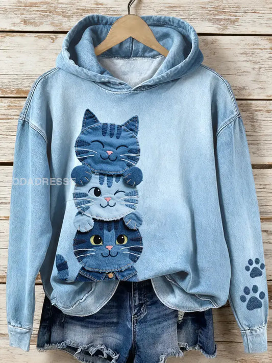 Kvinnors Denim Patchwork konst katt mönster Hoodie Huda blå / S
