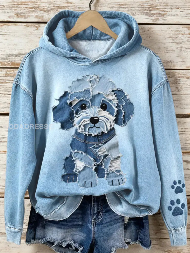 Kvinnors Denim Patchwork konst ljuvlig hund mönster Hoodie Konst blå / S