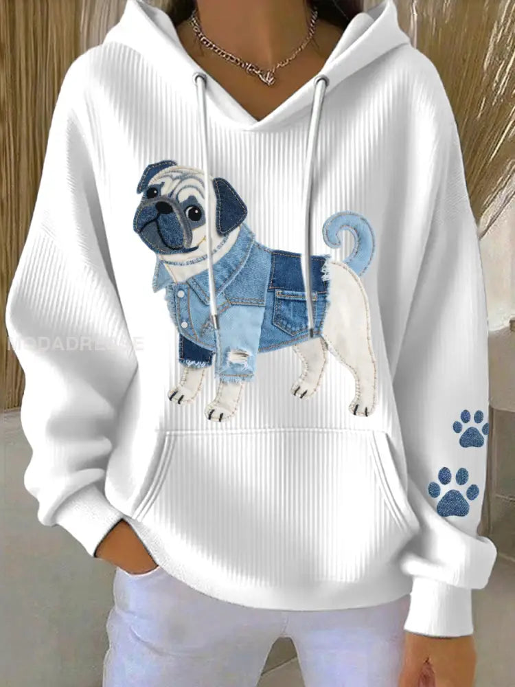 Kvinnors Denim Patchwork konst Pug Hund mönster Hoodie Konst vitt / S