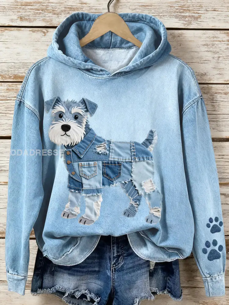 Kvinnors Denim Patchwork konst Schnauzer hund mönster Hoodie Konst blå / S