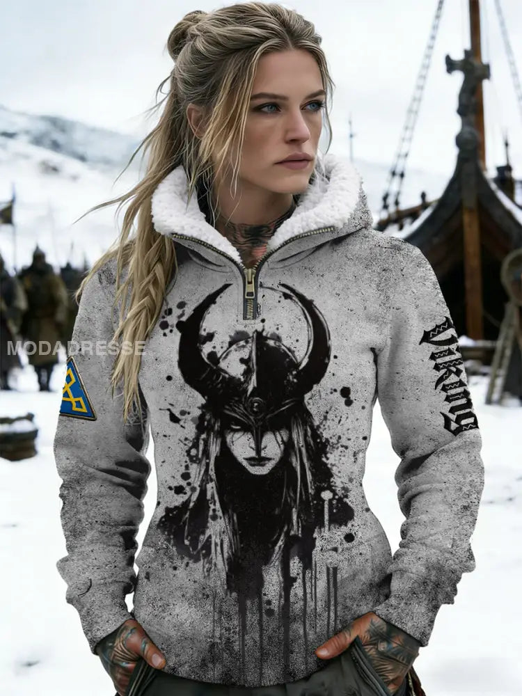 Kvinnors djärv grå vikinga hjälm bläck-Splash Sherpa-lined Hoodie flerlog / S