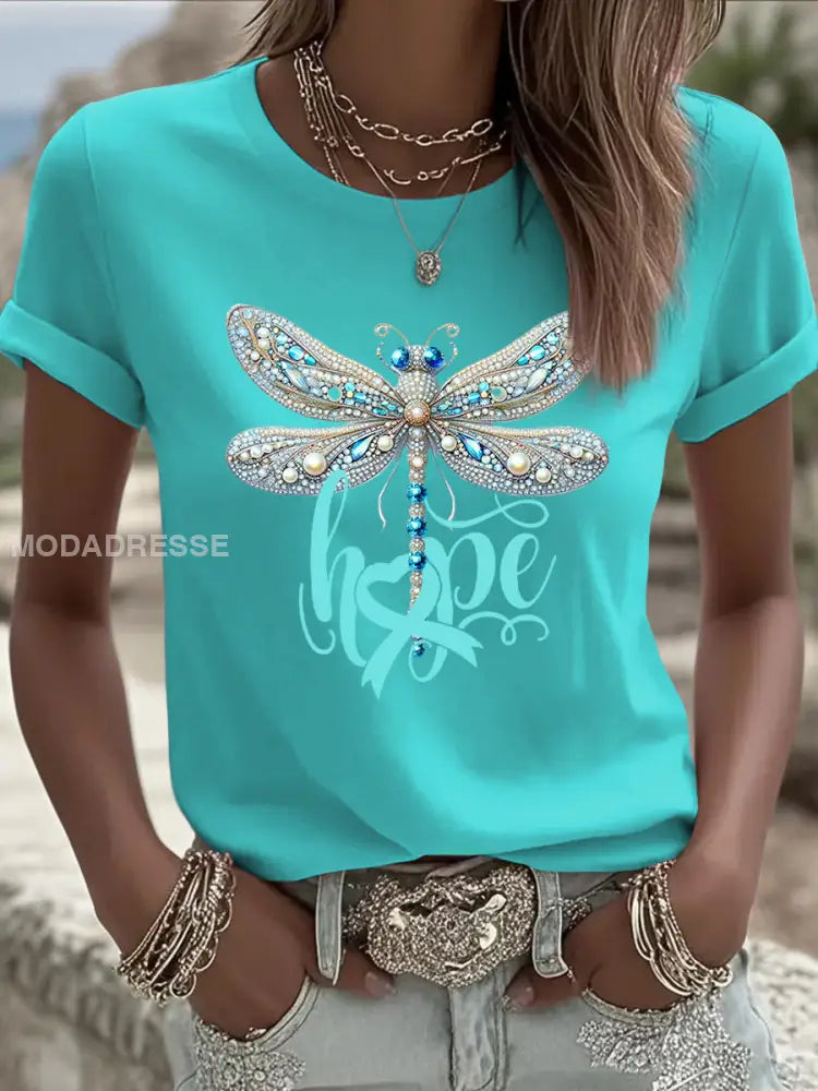 Kvinnors Dragonfly Rhinestone Konst Print Casual T-shirt flerlog / S