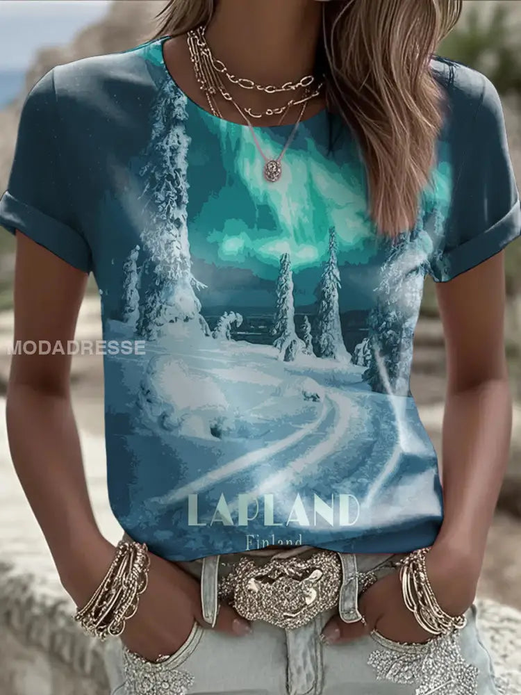 Kvinnors drömma Lappland Aurora Landskap T-shirt flerlog / S