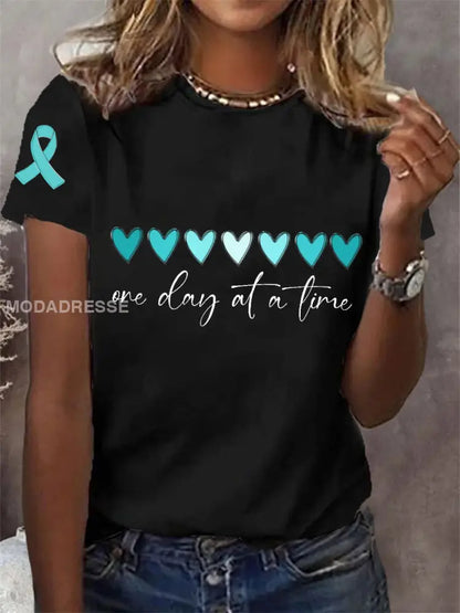 Kvinnors en dag vid en tid Teal Ribbon Ovarian cervikal medvetenhet Support Tee svart / S